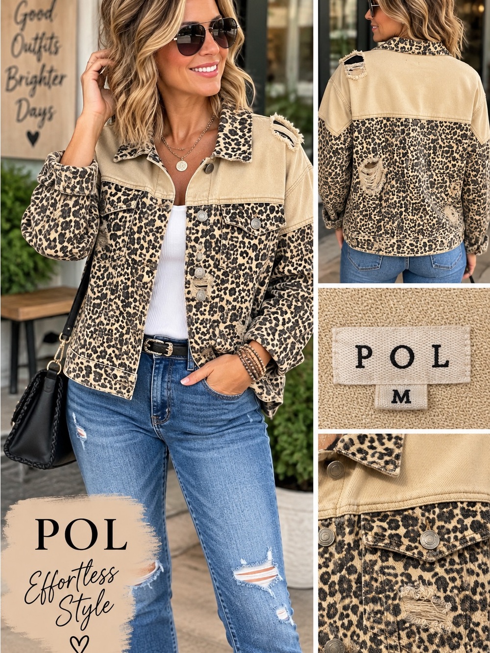 POL Beige and Leopard Print Distressed Jean Jacket - Women's